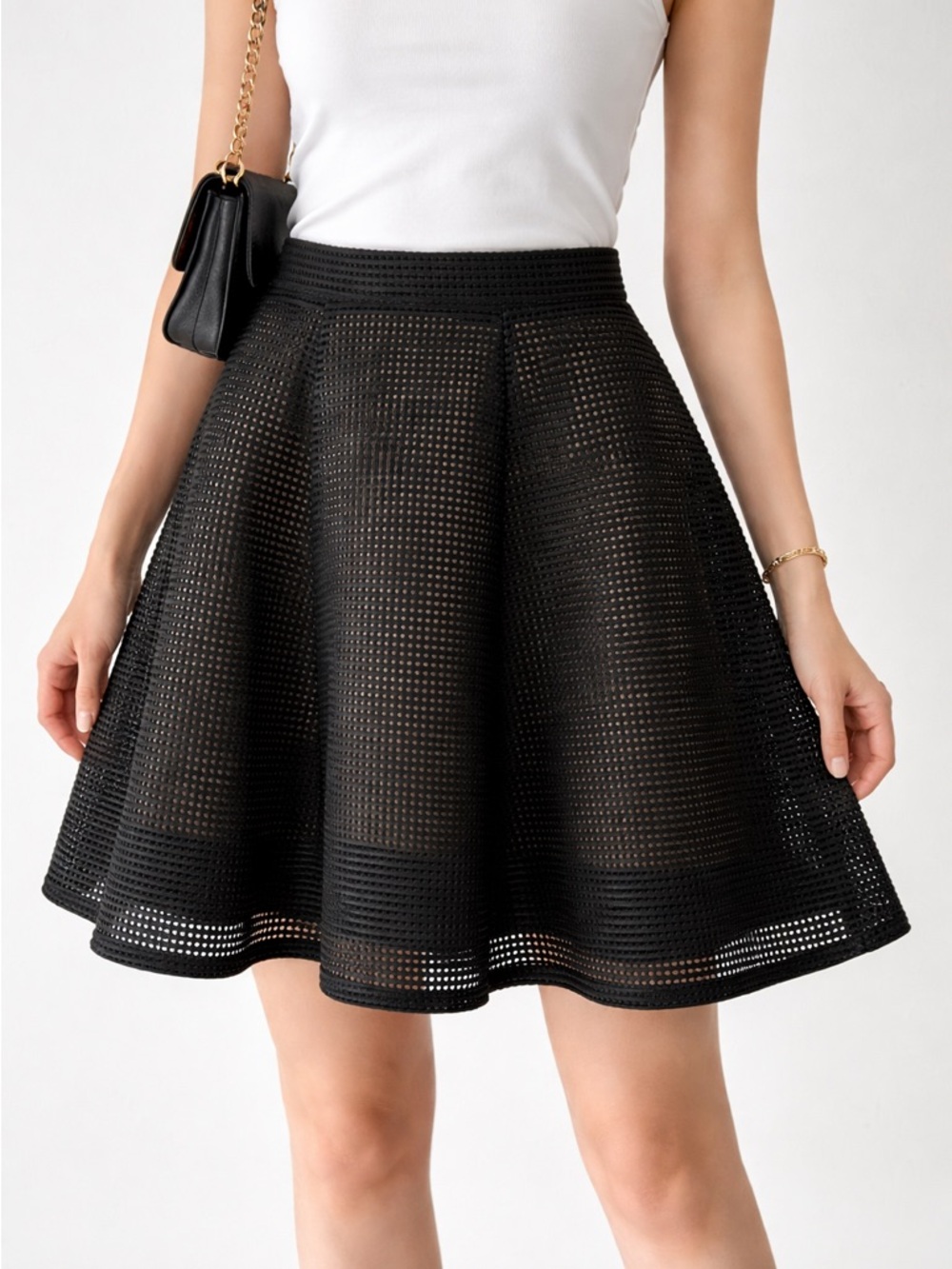 Le Chateau Perforated Black A-Line Skirt